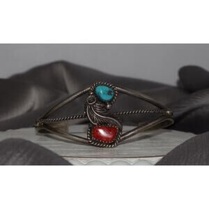 Vintage Navajo RB Sterling Turquoise Coral Cuff Bracelet 12.2G / 5.5in